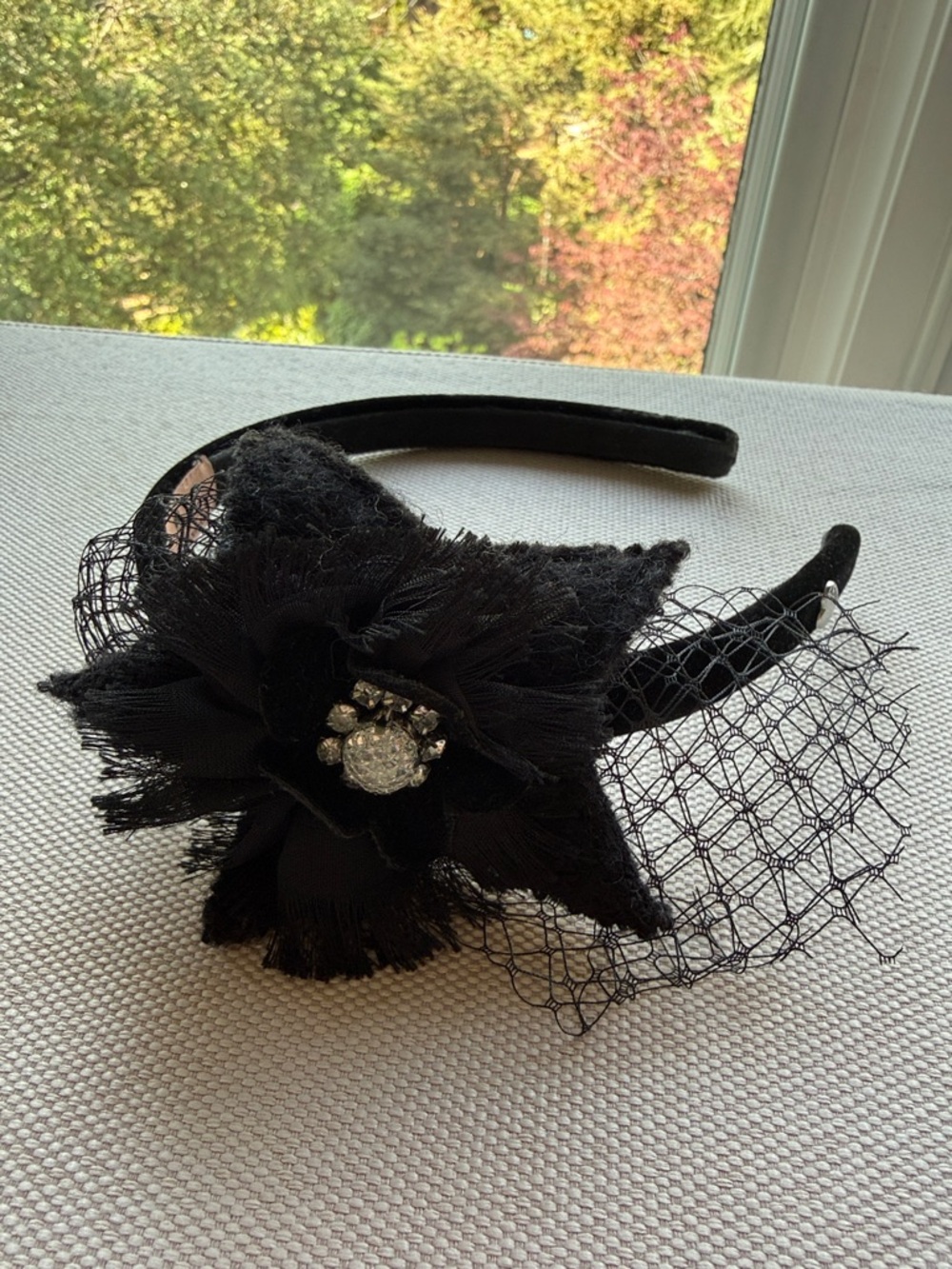 Juicy Couture Black Floral Veil Headband with Rhinestone Accent